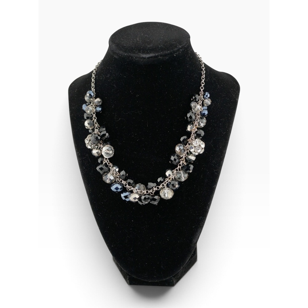 Cluster Bead Necklace 20" Black Silver Tone Faceted Bib